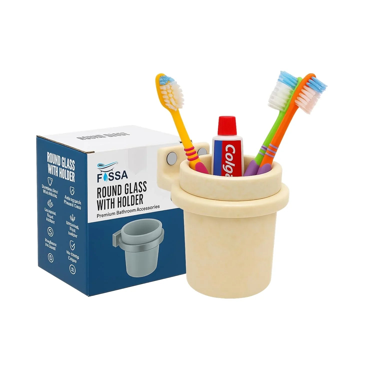 Wall-mounted round glass with a holder for a toothbrush and rinsing