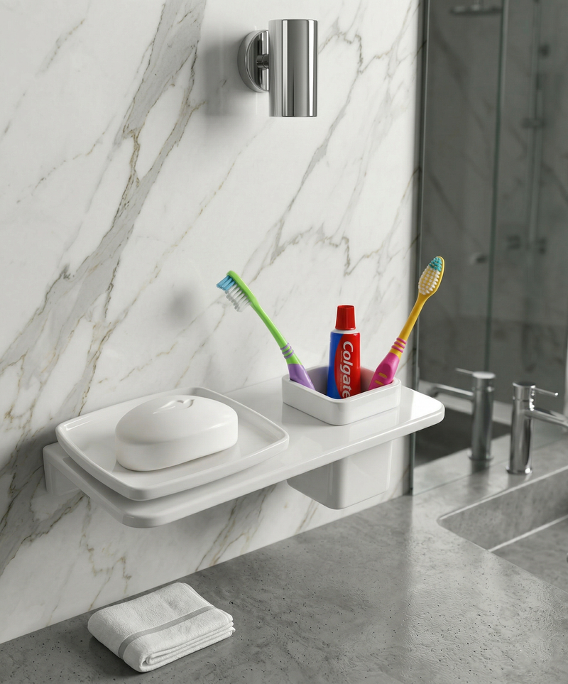 Bathroom setup with a soap dish, toothbrushes, and toothpaste on a marble wall.