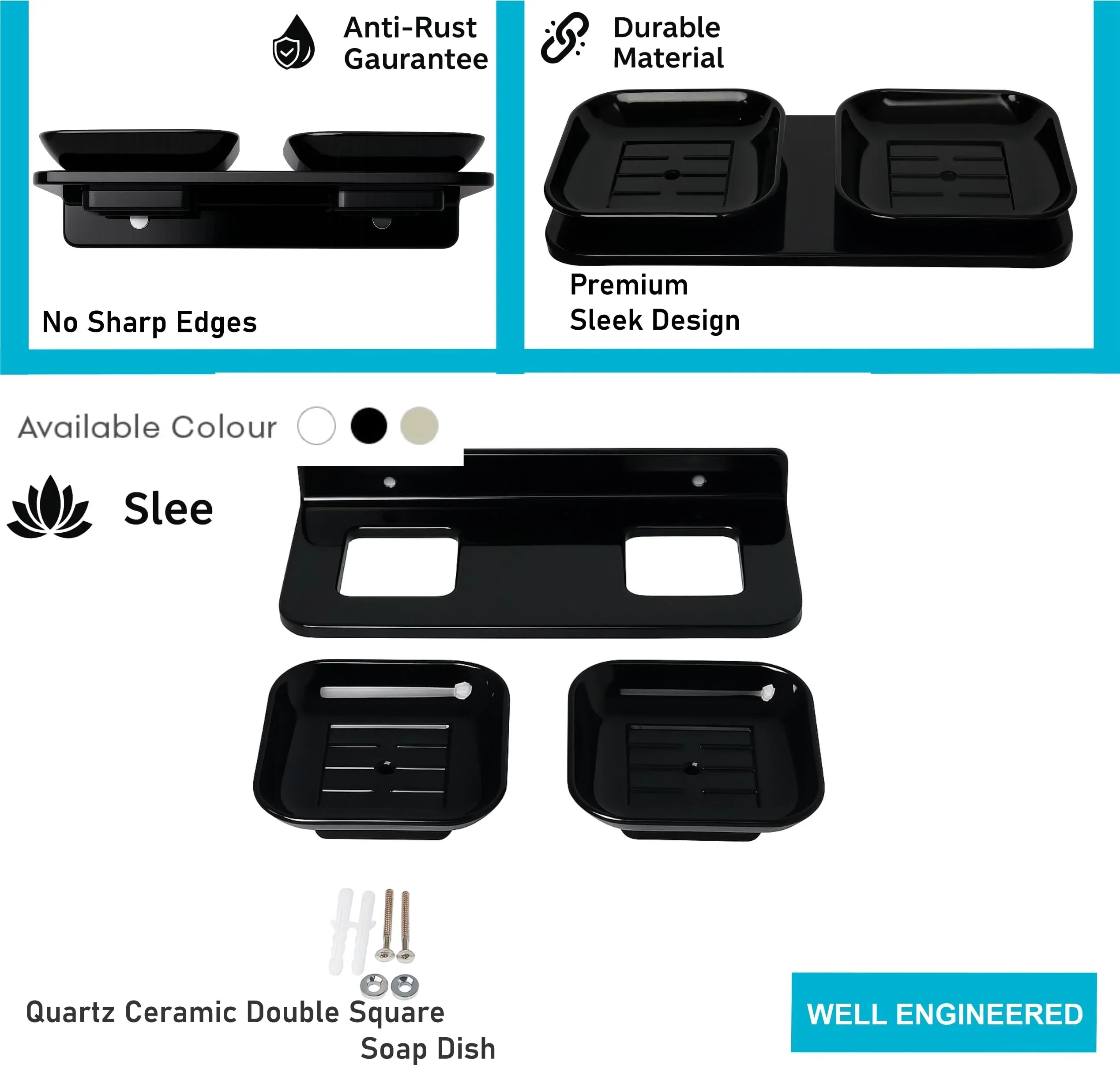 bathroom double soap dish black abs material with rectangular ceramic finish