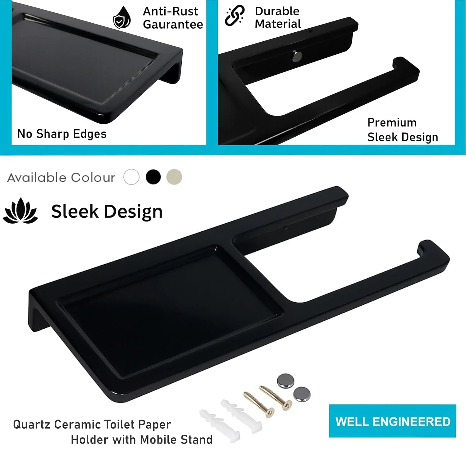 black bathroom toilet paper holder with phone stand quartz ceramic finish