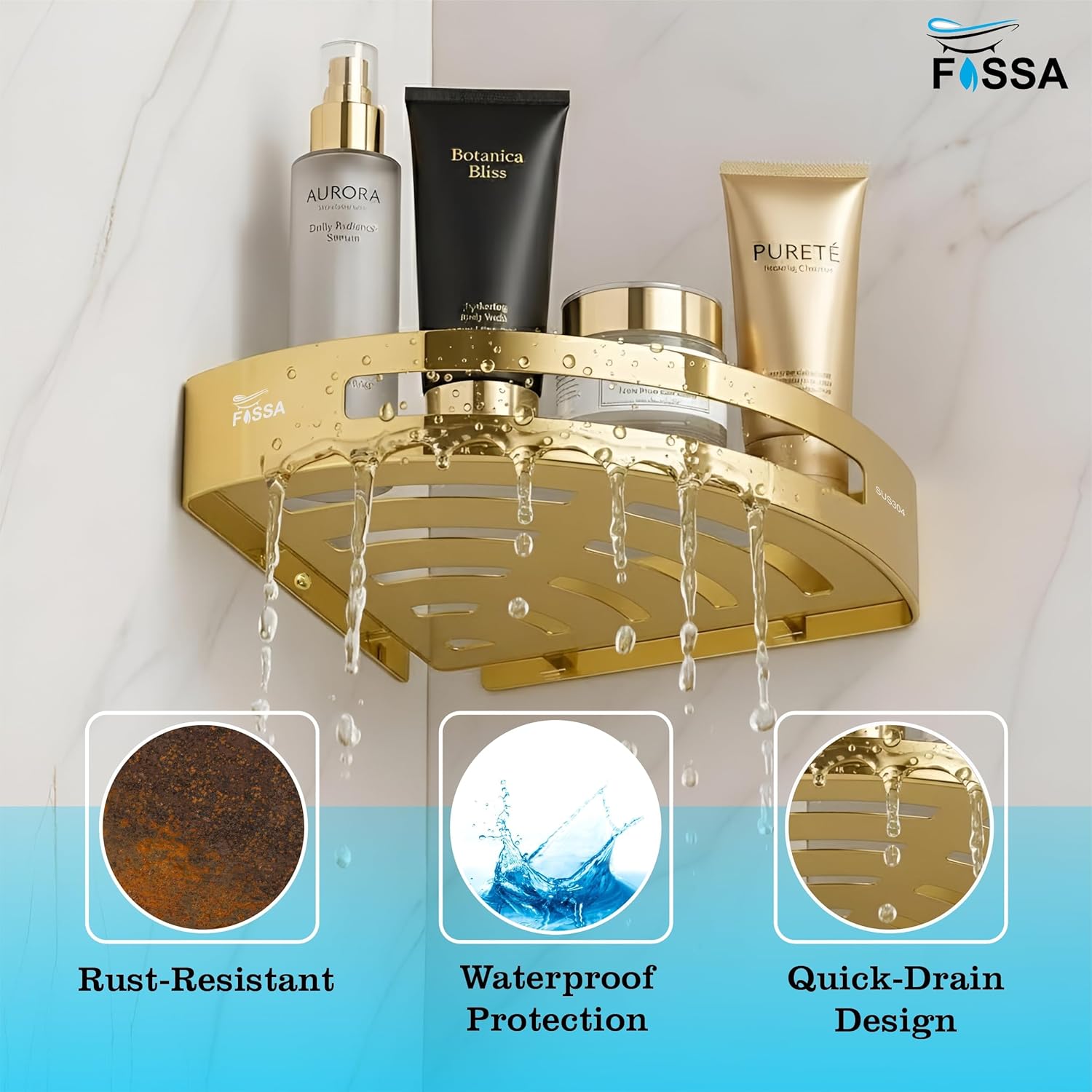 Caddy Stainless Steel Corner Shelf (Gold) - Fossa Home 