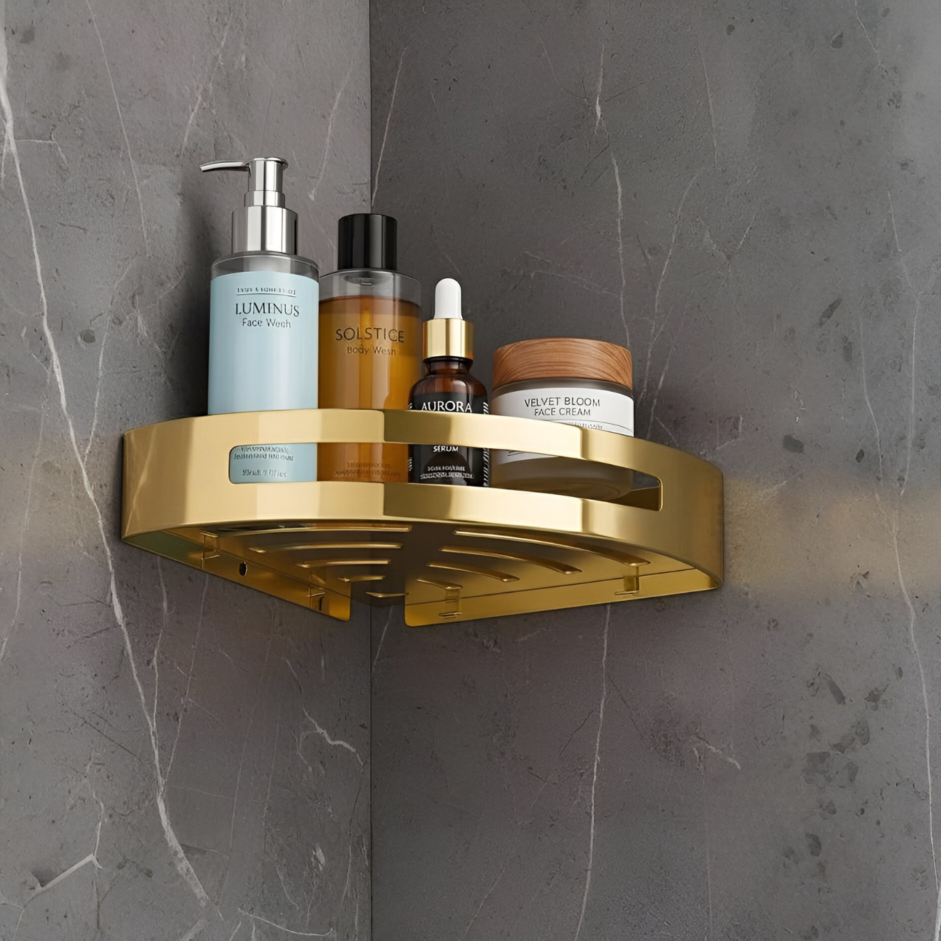  Gold finish bathroom corner shelf for organized wall storage