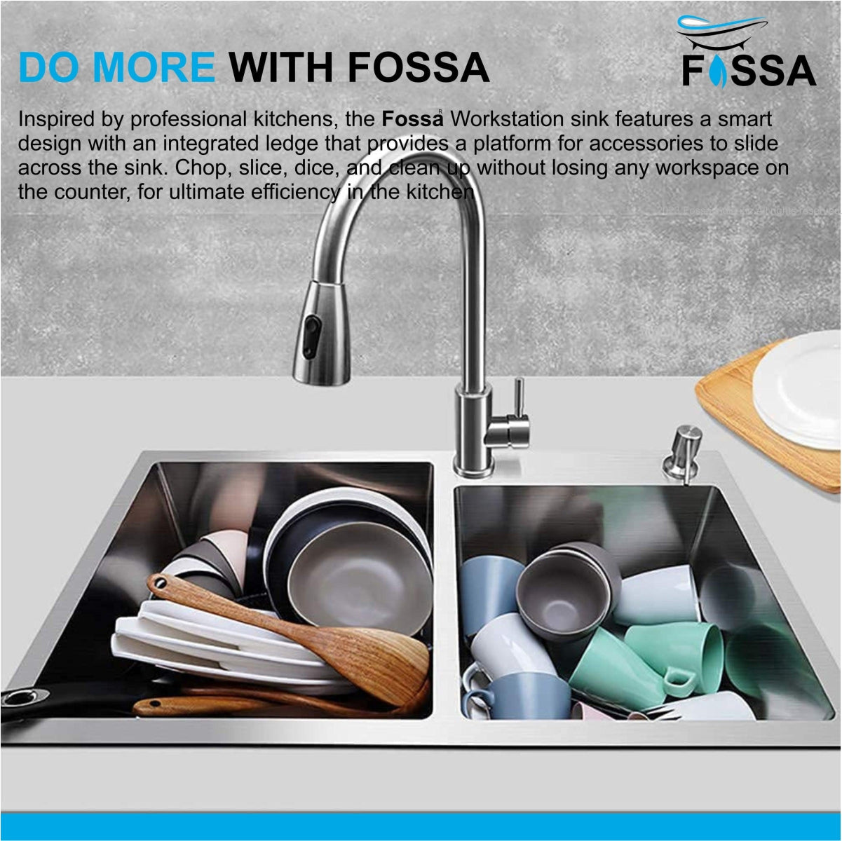 Fossa 45"x20"x10" Double Bowl With Tap Hole Stainless Steel Handmade Kitchen Sink Matte Finish 