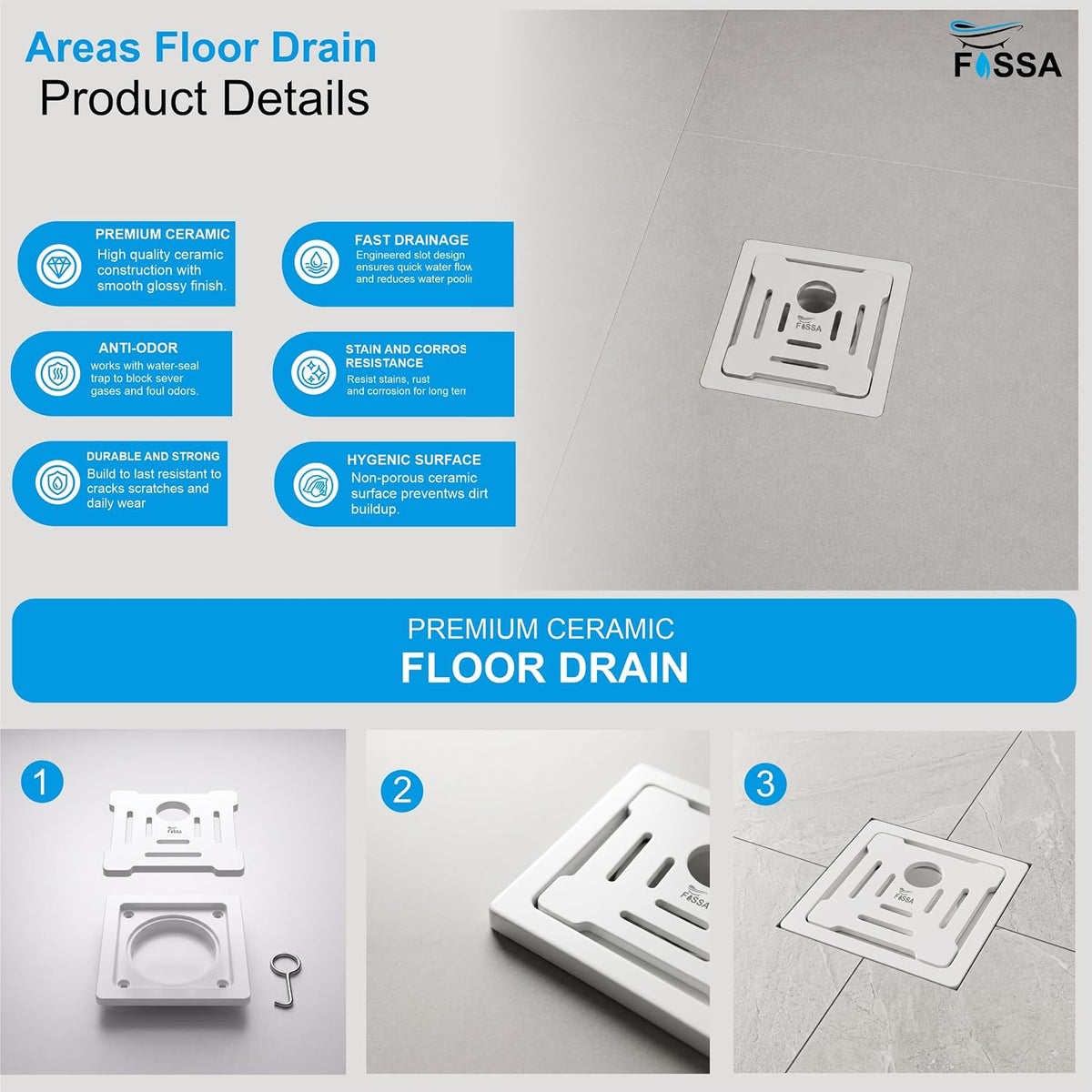 5x5  Inch Ceramic Floor Drain for Bathroom and Washroom.