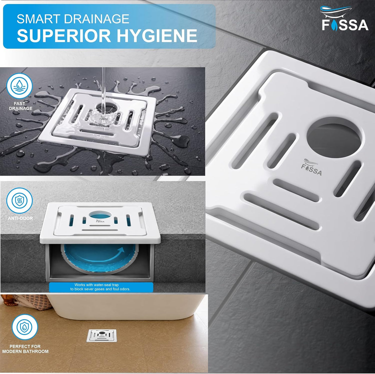 Installed view of the Areas RW-216 6x6 Inch Ceramic Floor Drain with Melamine Finish and Cockroach Trap