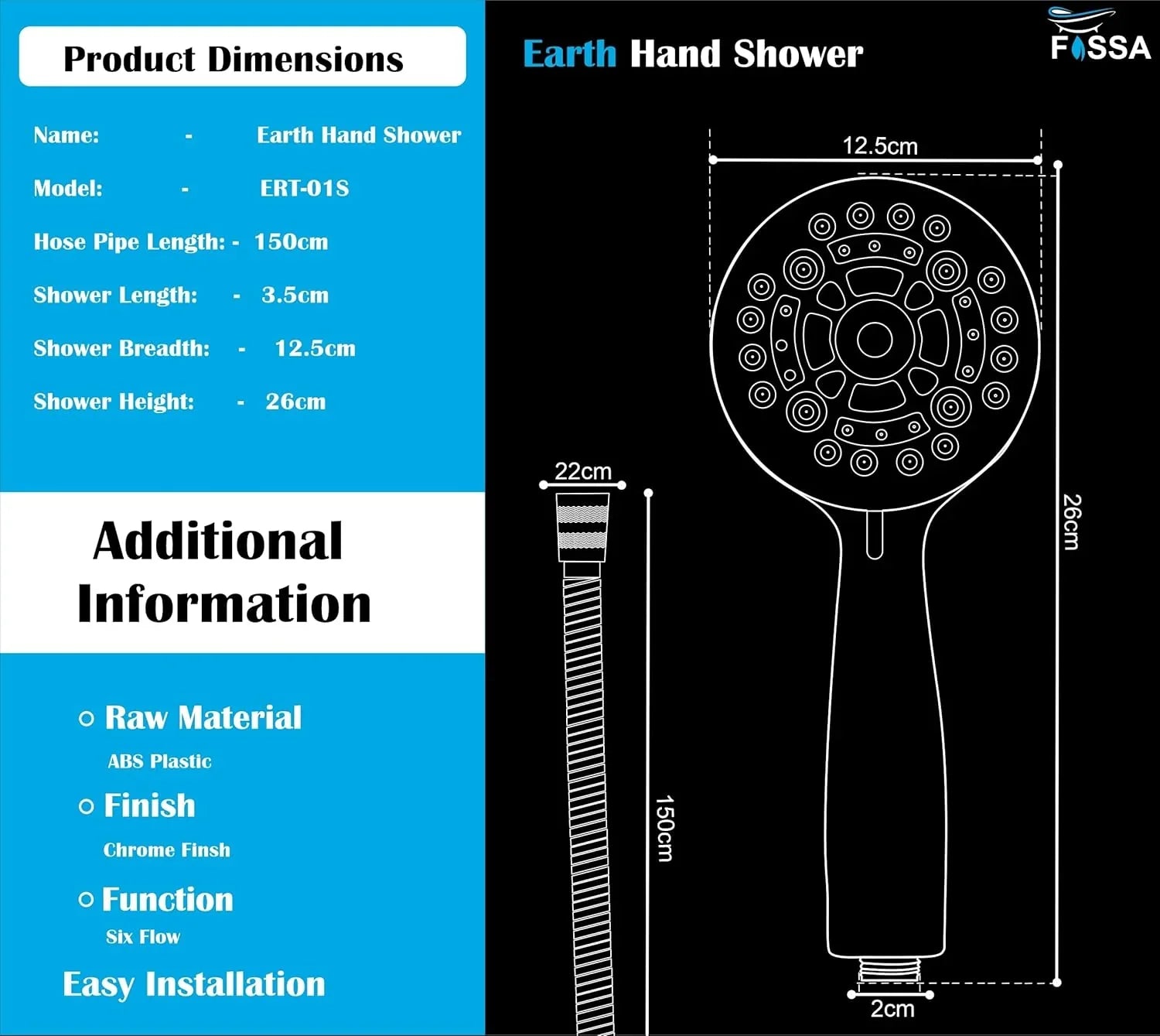 chrome finish hand shower earth with six spray modes and stainless steel hose