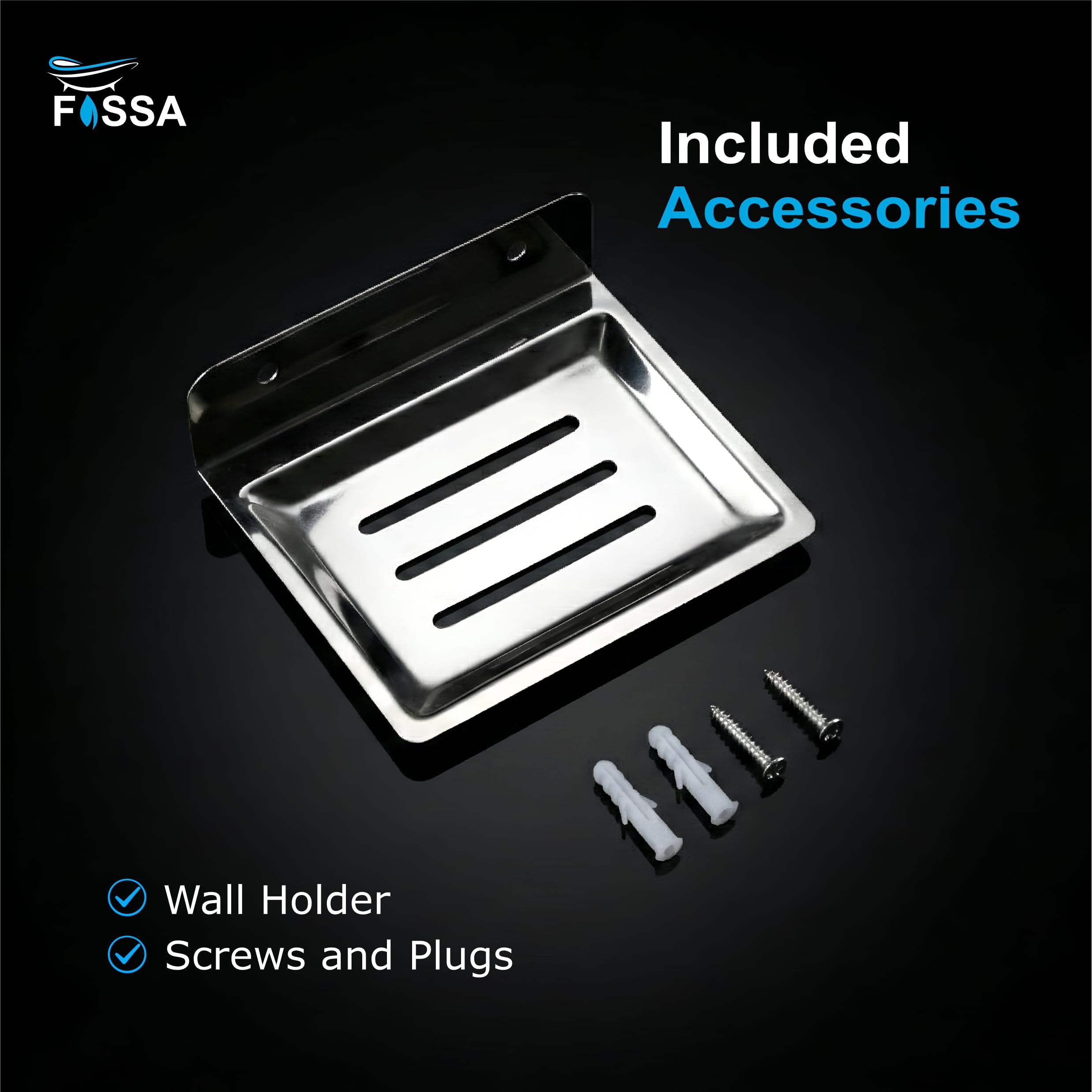 Fossa wall-mounted soap dish with screws and plugs on a black background