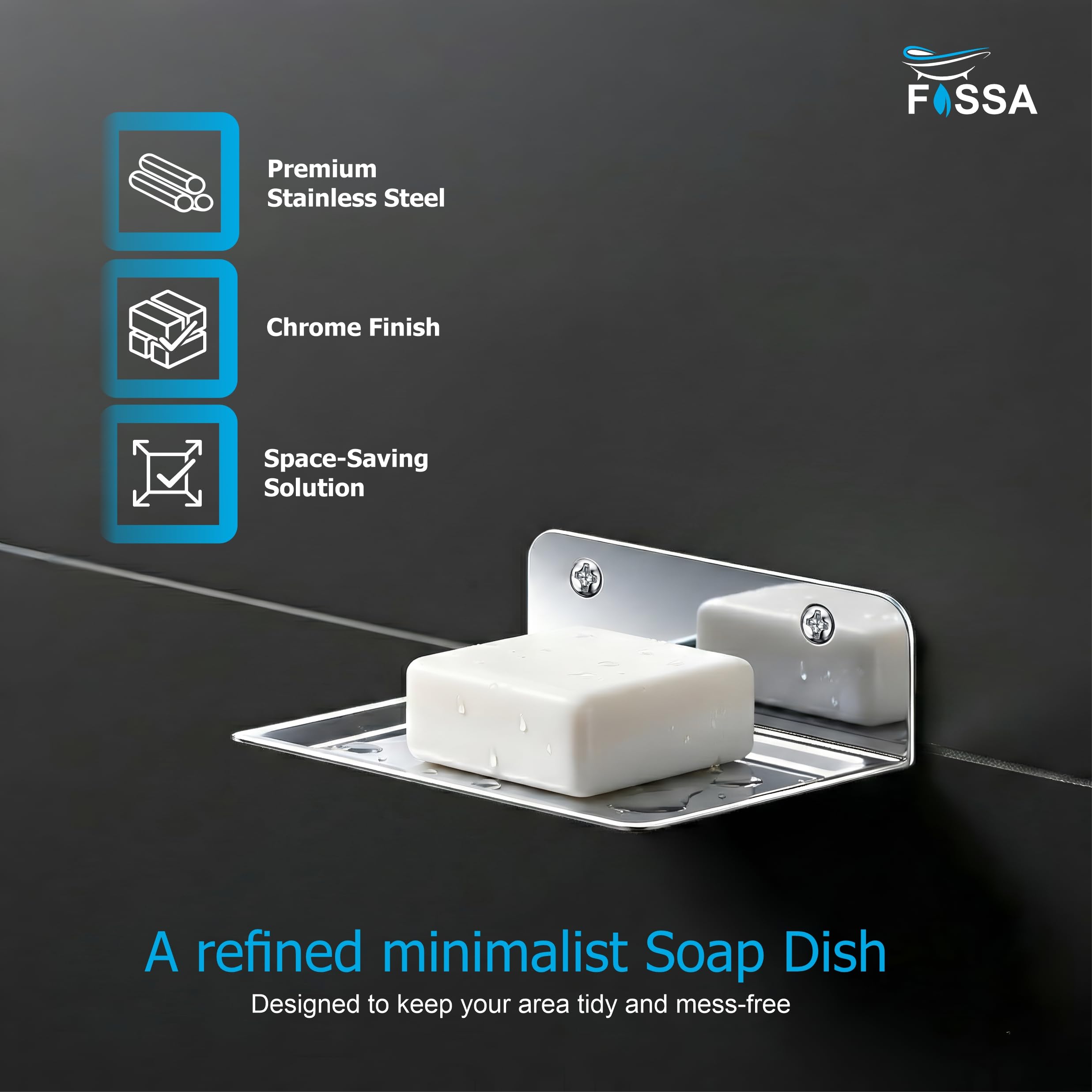 Wall mount design with fixing hardware for secure bathroom installation.