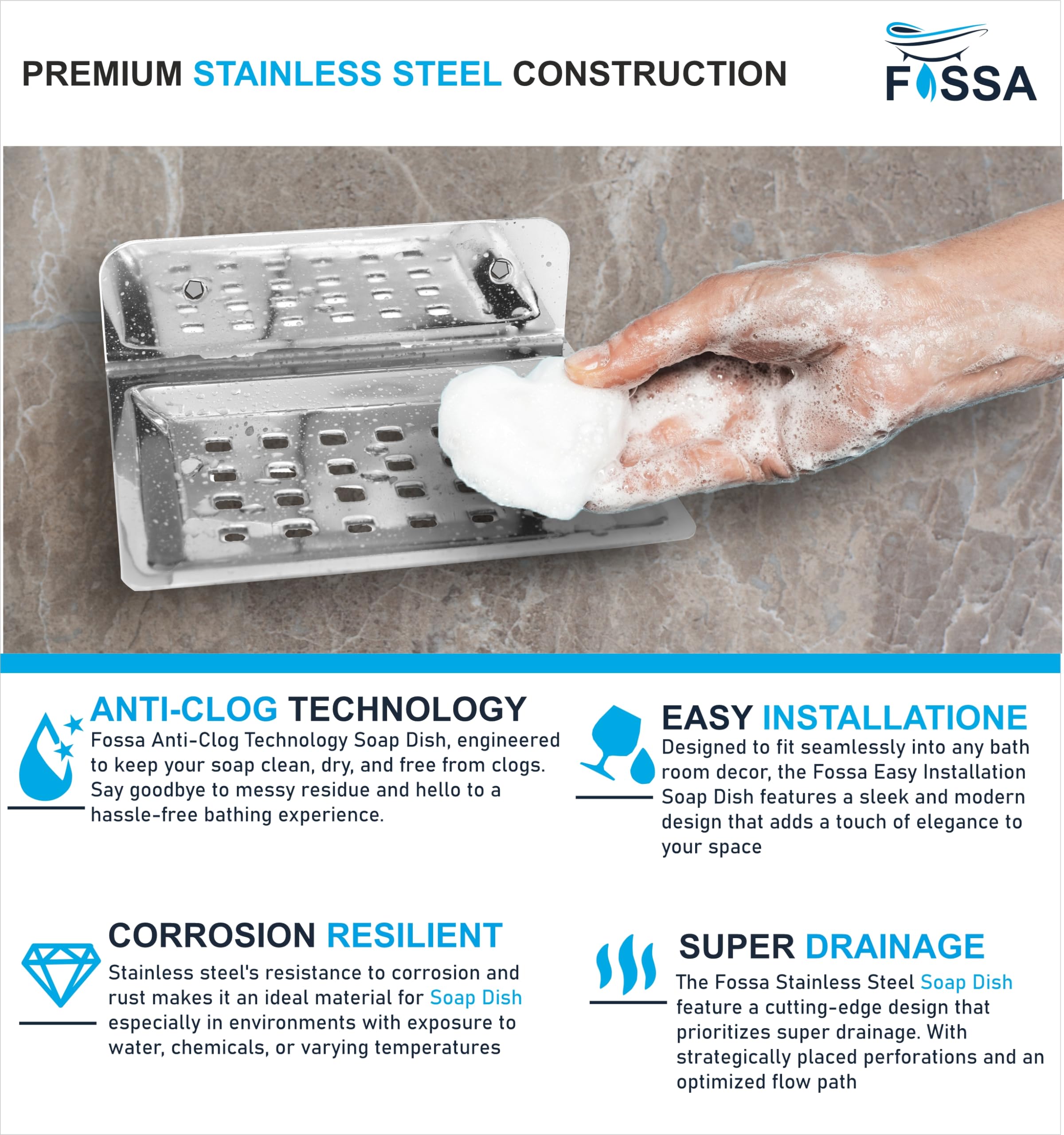 Smart drainage design helps keep soap dry and reduces water buildup.