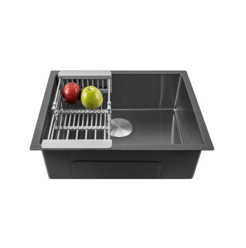Fossa 24"x18"x10" Single Bowl Premium Stainless Steel Handmade Kitchen Sink Round Coupling Matte Finish FS-04R Black