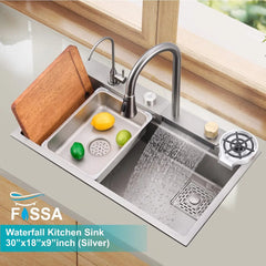 FOSSA 30"x18"x10" inch SS-304 Grade Honeycomb Handmade Single Bowl With WaterFall Kitchen Sink, Matte Finish, With Basket Silver Fossa Home