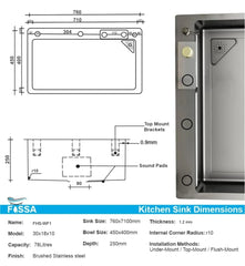 FOSSA 30"x18"x10" inch SS-304 Grade Stainless Steel Handmade Single Bowl With Water Fall Kitchen Sink, Matte Finish Fossa Home