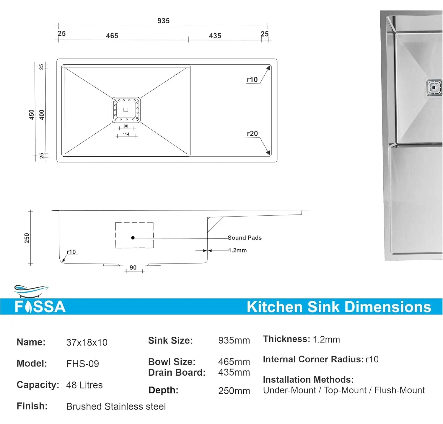 FOSSA 37"x18"x10" Inch Single Bowl With Drain Board 304 Grade Handmade Kitchen Sink Silver Fossa Home