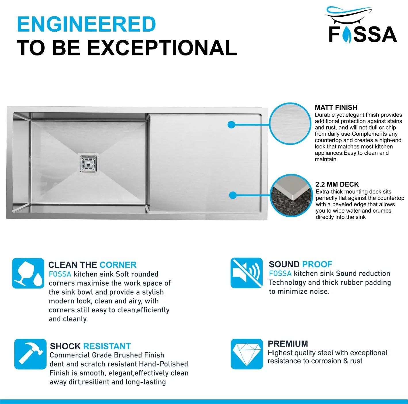 FOSSA 37"x18"x10" Inch Single Bowl With Drain Board Premium Handmade Kitchen Sink Silver Fossa Home