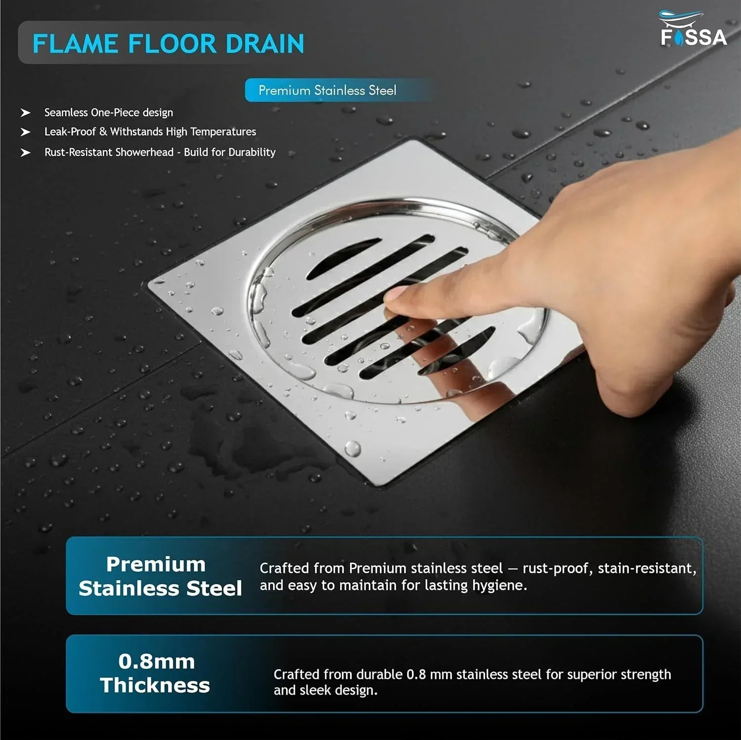 Flame Floor Drain (5 x 5 Inches) Premium Stainlees Steel - Fossa Home 