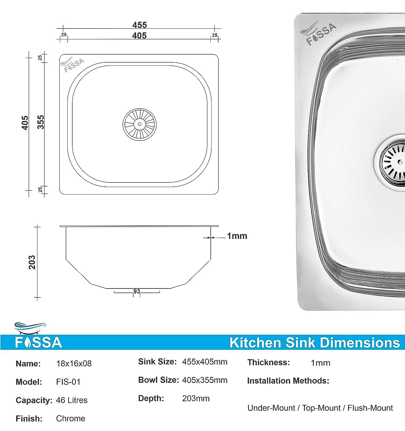 Fossa 18"X16"X08" Single Bowl Stainless Steel Kitchen Sink With PVC Coupling Glossy Finish FIS-001 - Fossa Home 