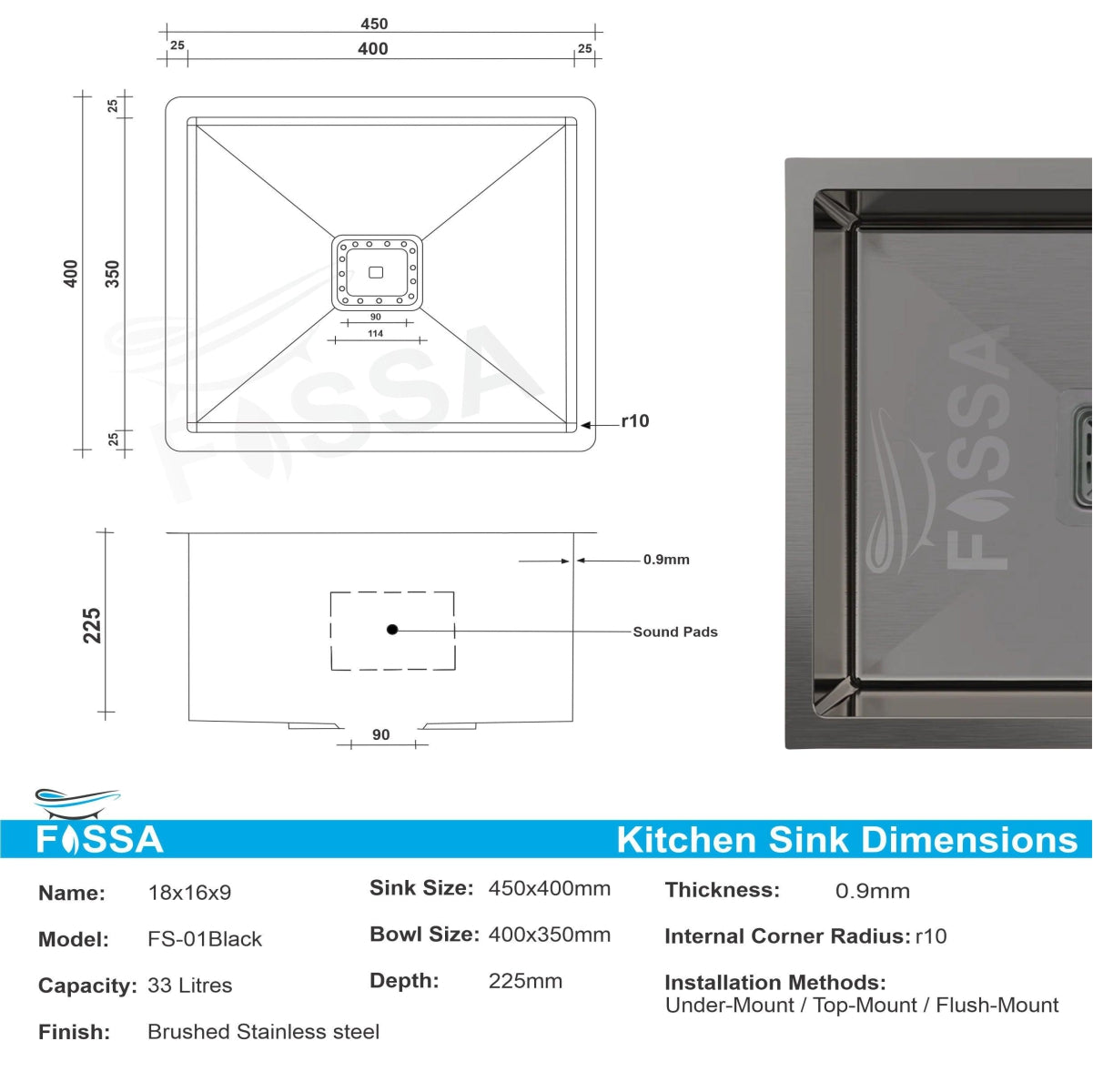 Fossa 18"X16"X09" Single Bowl Stainless Steel Handmade Kitchen Sink Black Matte Finish - Fossa Home 