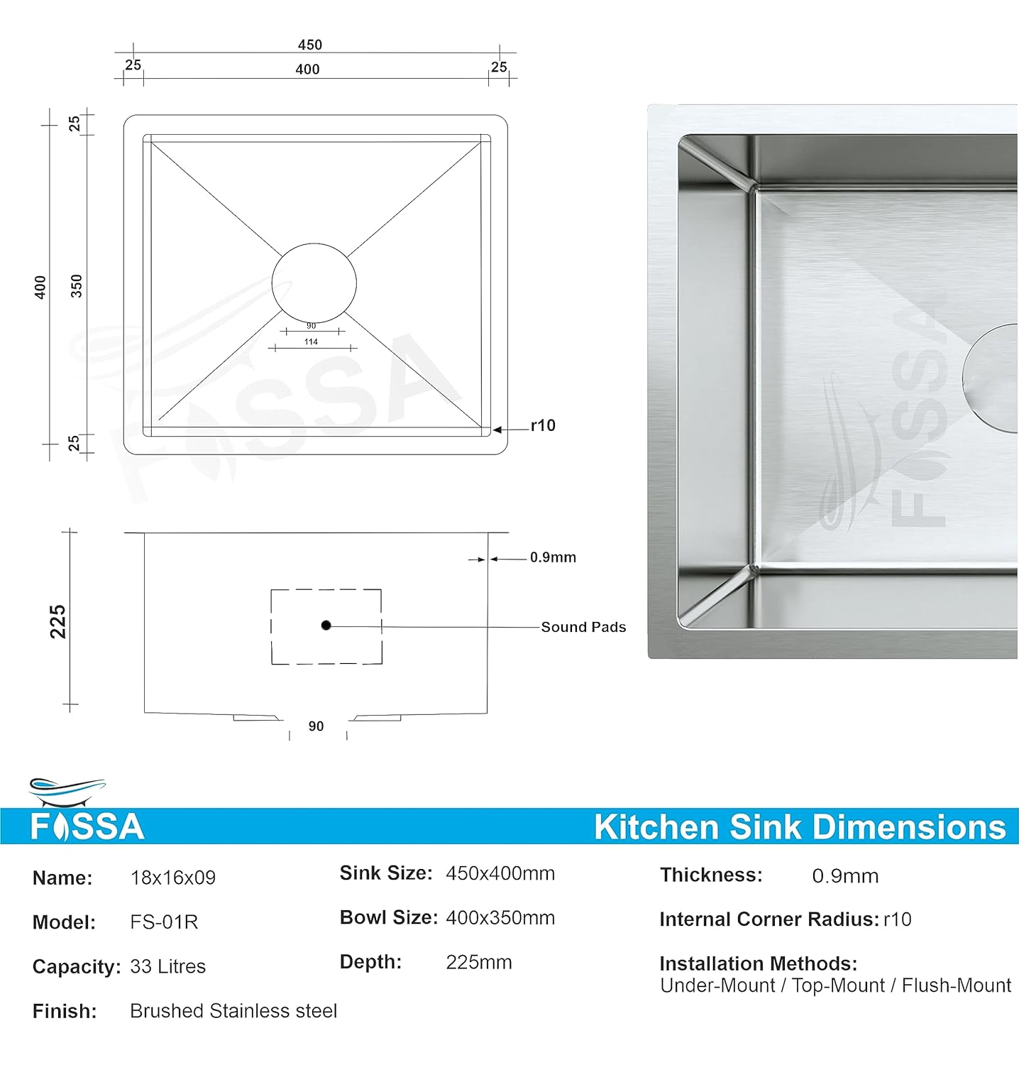 Fossa 18"X16"X09" Single Bowl Premium Stainless Steel Handmade Kitchen Sink Round Coupling Matte Finish Silver Fossa Home