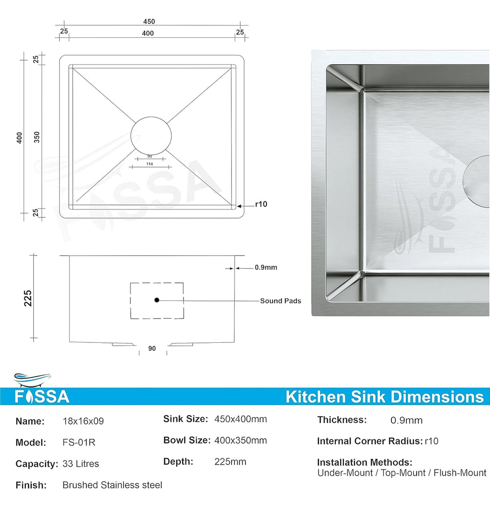 Fossa 18"X16"X09" Single Bowl Premium Stainless Steel Handmade Kitchen Sink Round Coupling Matte Finish Silver Fossa Home
