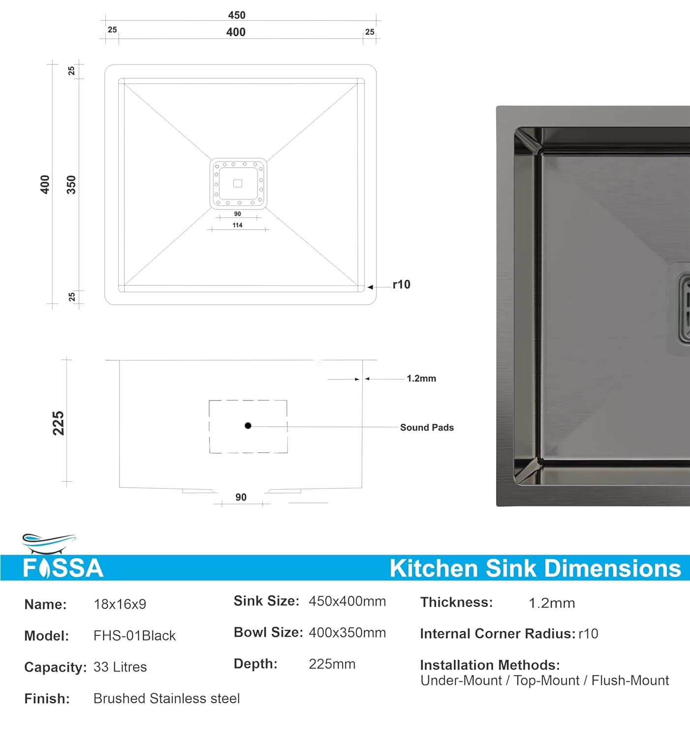Fossa 18"X16"X09" Single Bowl SS-304 Grade Stainless Steel Handmade Kitchen Sink Black Fossa Home