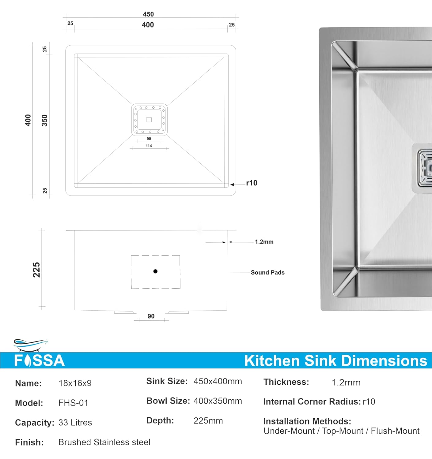 Fossa 18"X16"X09" Single Bowl SS-304 Grade Stainless Steel Handmade Kitchen Sink Fossa Home