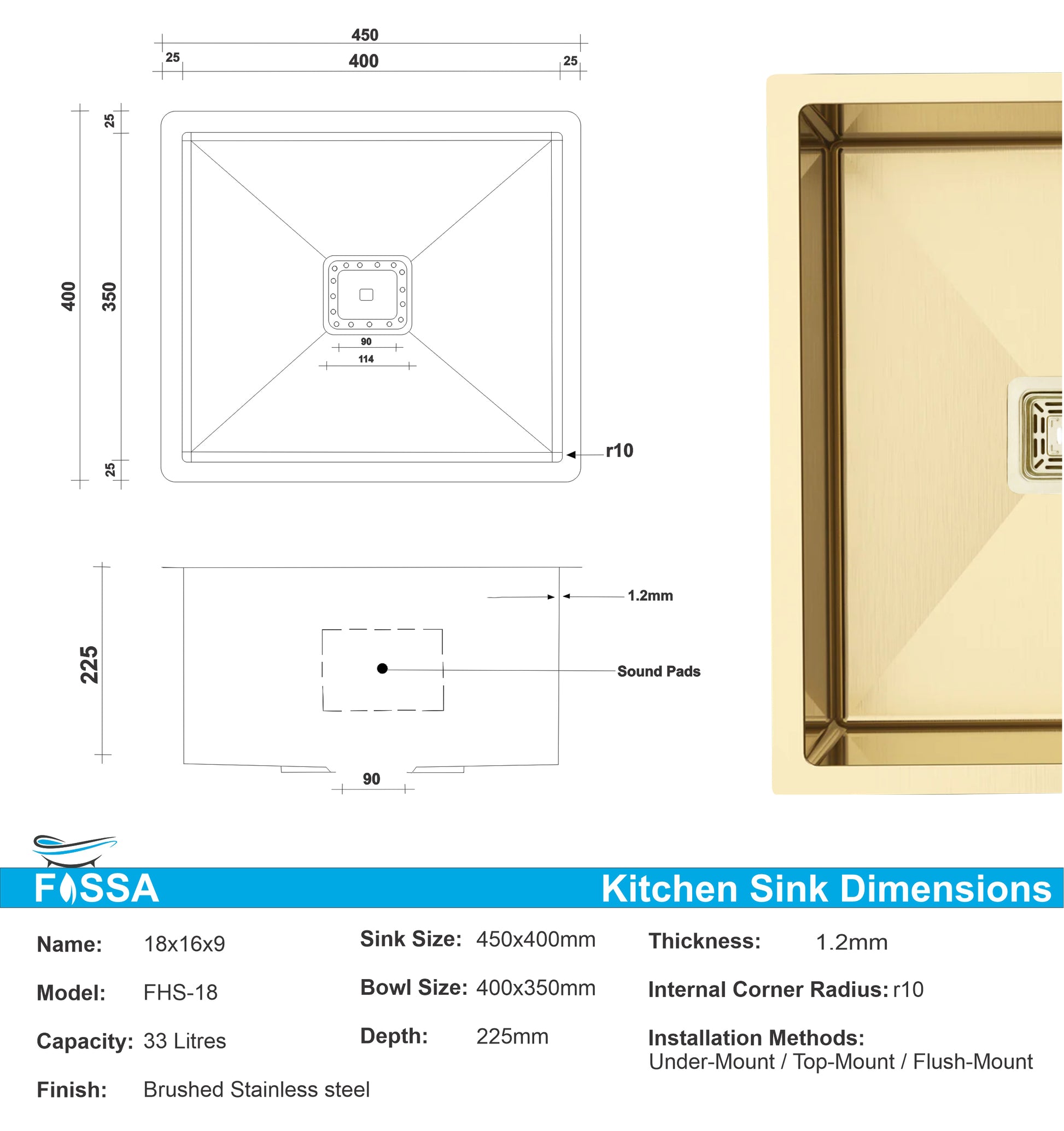 Fossa 18"X16"X09" Single Bowl SS-304 Grade Stainless Steel Handmade Kitchen Sink Gold Fossa Home