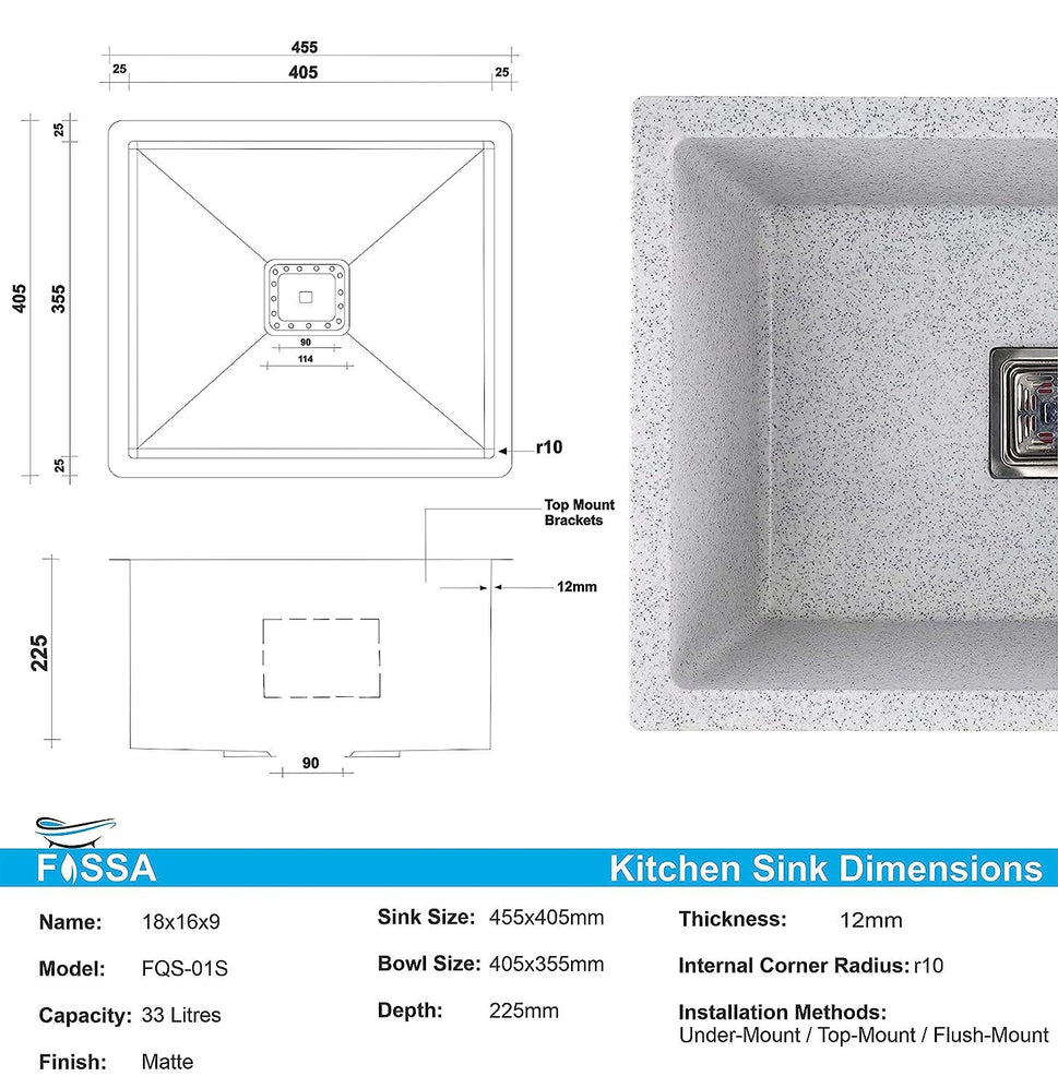 Fossa 18"x16"x09 Quartz Single Bowl Kitchen Sink Super Strong Matt Finish - Fossa Home 