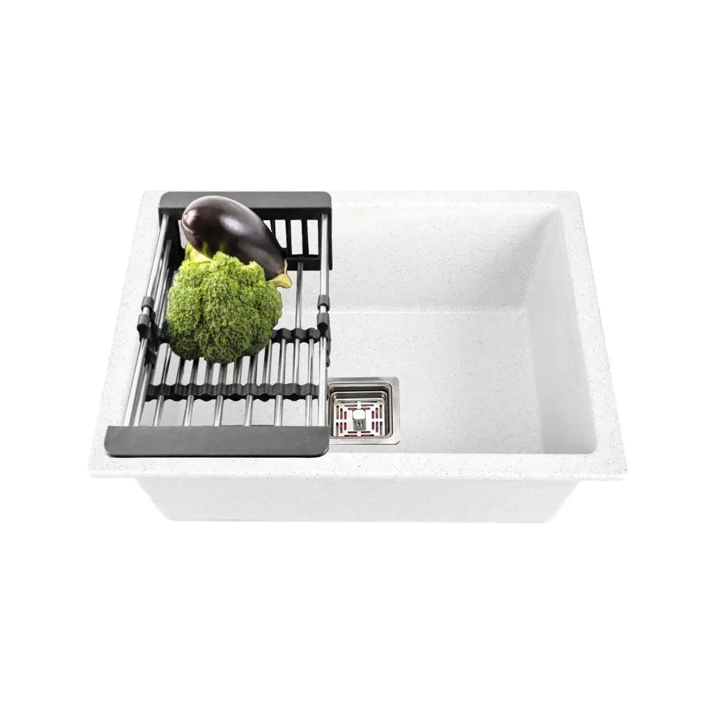 Fossa 18"x16"x09" Quartz Single Bowl Kitchen Sink | White Non-fading Colour with UV Protection | Natural Stone Quartz/Granite Sink with Sink Coupling, Waste Pipe & Strainer Basket Fossa Home