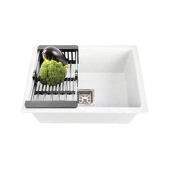 Fossa 18"x16"x09" Quartz Single Bowl Kitchen Sink | White Non-fading Colour with UV Protection | Natural Stone Quartz/Granite Sink with Sink Coupling, Waste Pipe & Strainer Basket Fossa Home