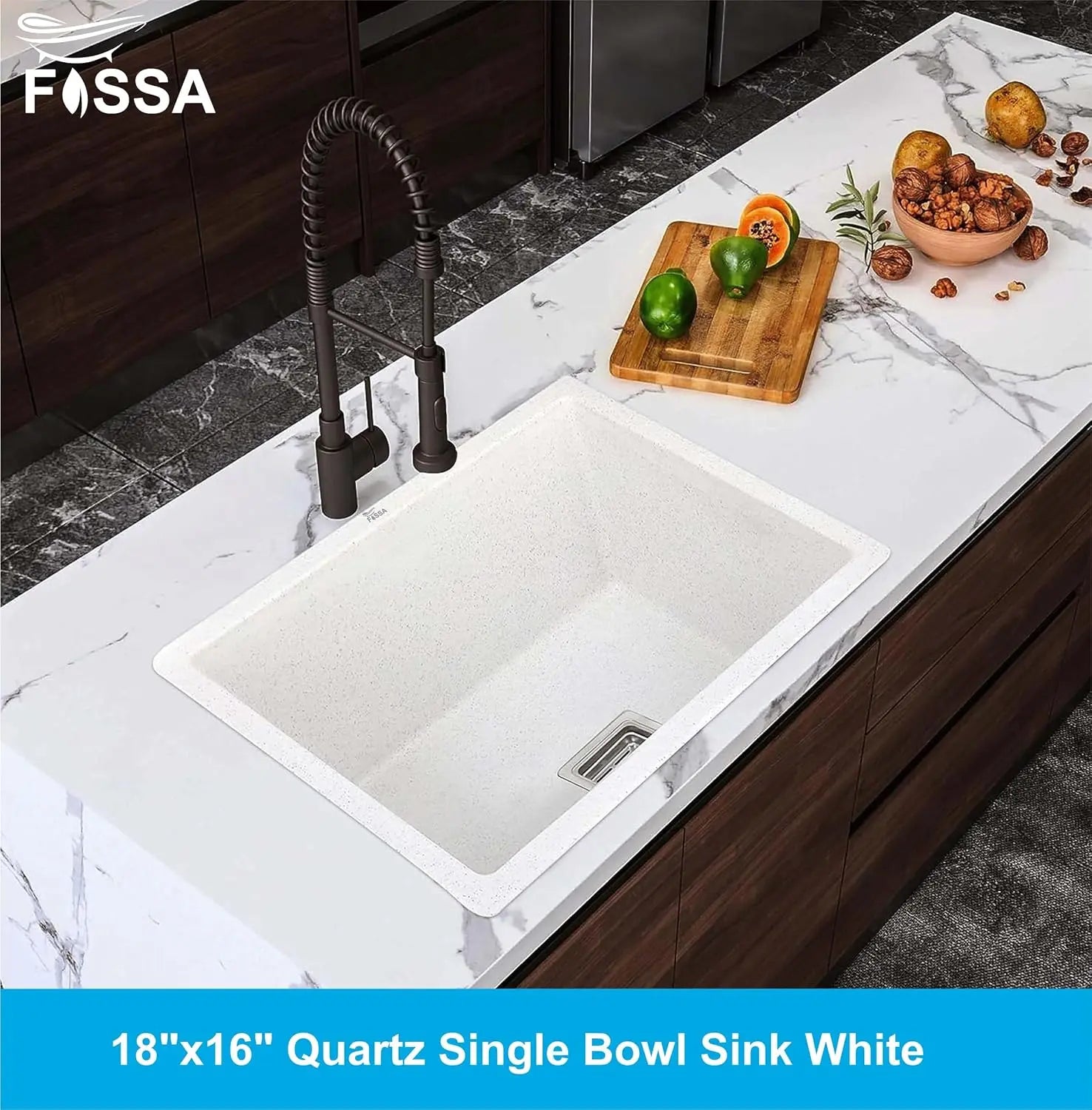 Fossa 18"x16"x09" Quartz Single Bowl Kitchen Sink | White Non-fading Colour with UV Protection | Natural Stone Quartz/Granite Sink with Sink Coupling, Waste Pipe & Strainer Basket Fossa Home