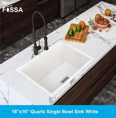 Fossa 18"x16"x09" Quartz Single Bowl Kitchen Sink | White Non-fading Colour with UV Protection | Natural Stone Quartz/Granite Sink with Sink Coupling, Waste Pipe & Strainer Basket Fossa Home