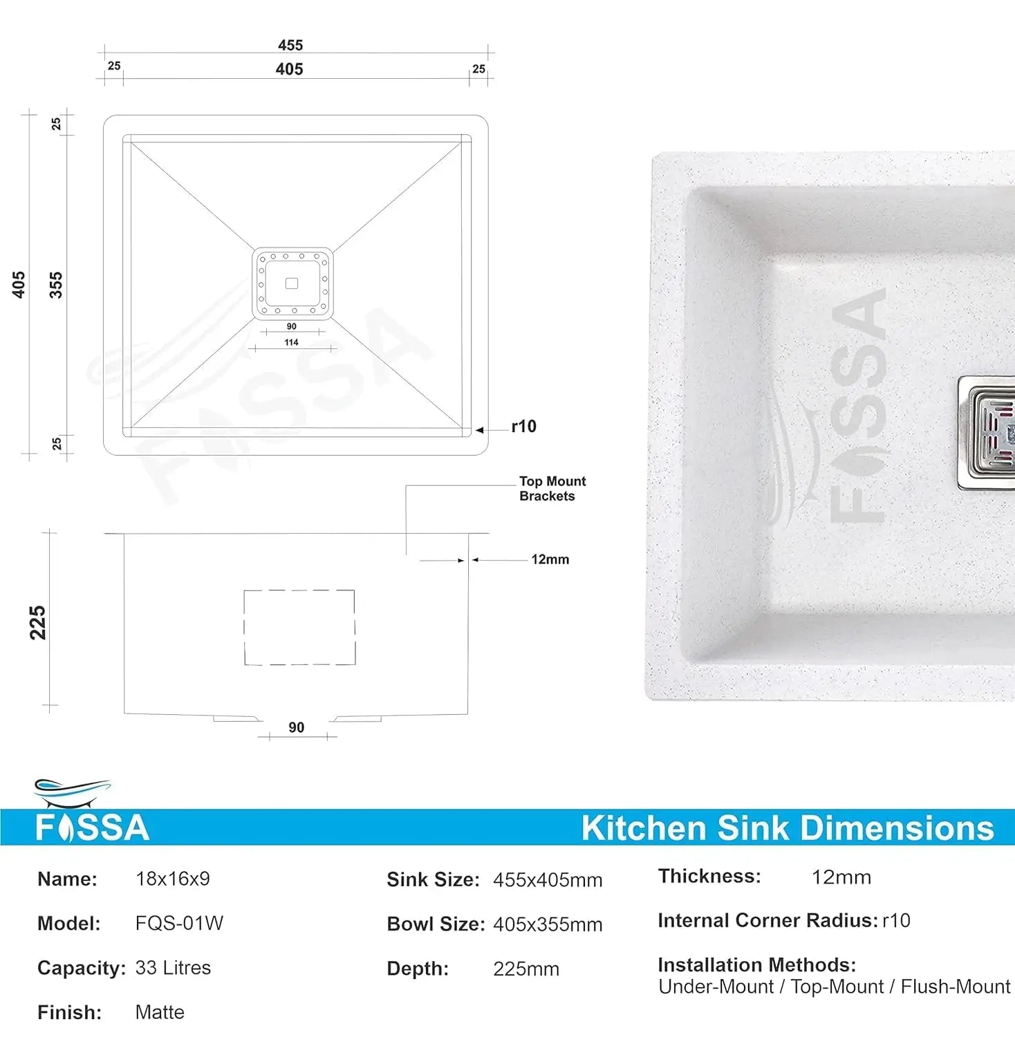 Fossa 18"x16"x09" Quartz Single Bowl Kitchen Sink | White Non-fading Colour with UV Protection | Natural Stone Quartz/Granite Sink with Sink Coupling, Waste Pipe & Strainer Basket Fossa Home