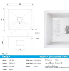 Fossa 18"x16"x09" Quartz Single Bowl Kitchen Sink | White Non-fading Colour with UV Protection | Natural Stone Quartz/Granite Sink with Sink Coupling, Waste Pipe & Strainer Basket Fossa Home