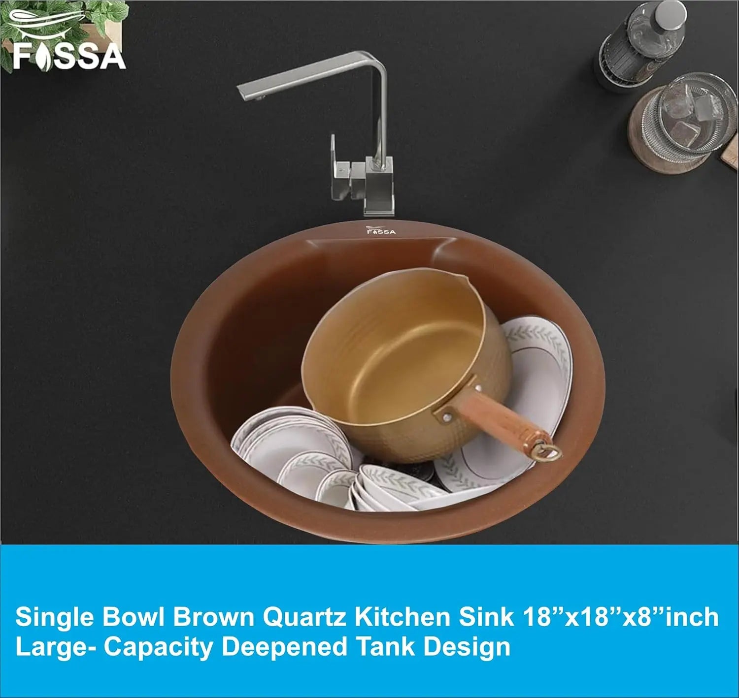 Fossa 18"x18"x08" Inch Round Bar Sink, Single Bowl Kitchen Sinks, Quartz German Engineered Technology Kitchen Sink Easy-to-Clean Sink for Outdoor Indoor Catering Restaurant Hospital (Brown) Fossa Home