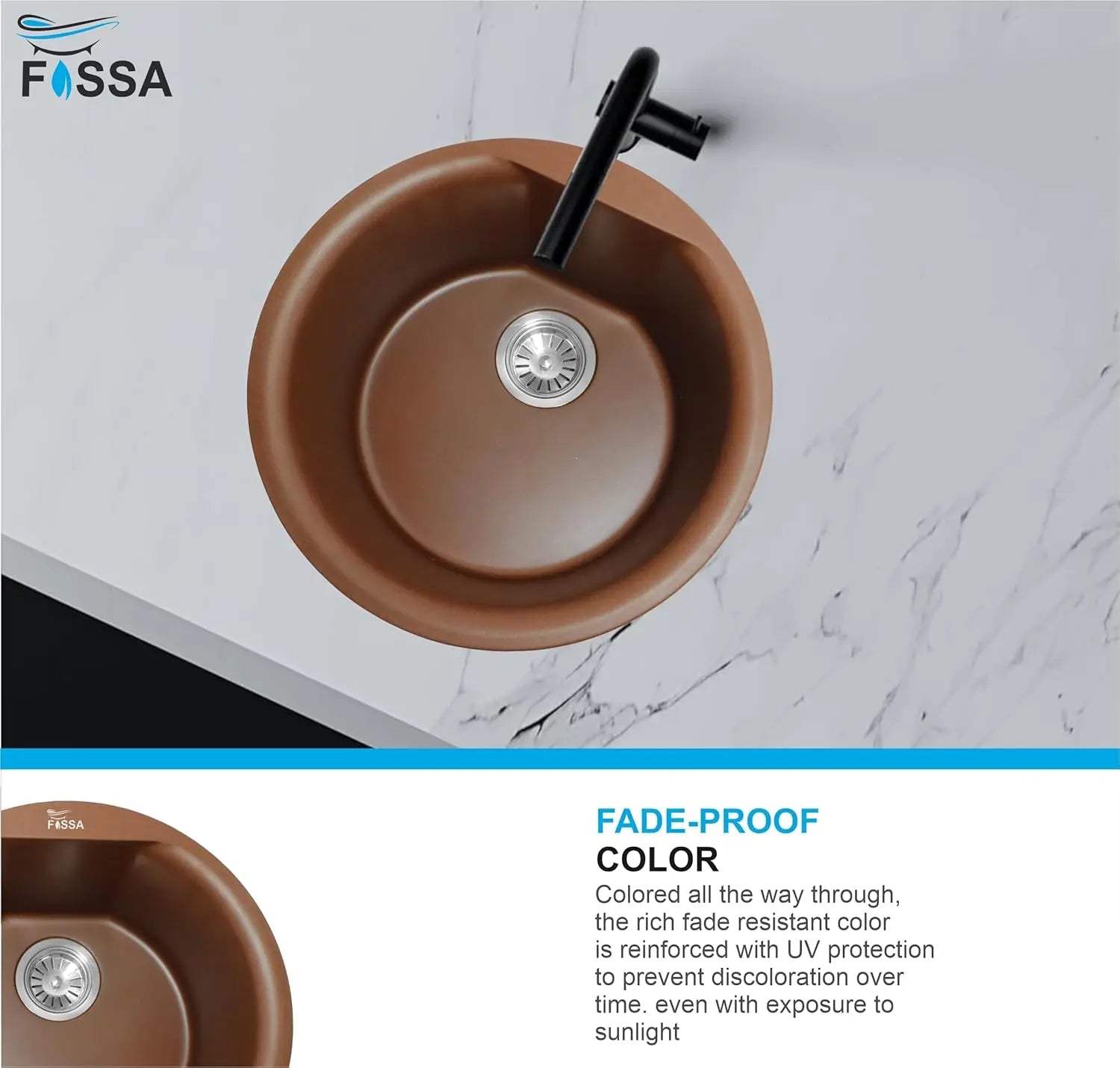 Fossa 18"x18"x08" Inch Round Bar Sink, Single Bowl Kitchen Sinks, Quartz German Engineered Technology Kitchen Sink Easy-to-Clean Sink for Outdoor Indoor Catering Restaurant Hospital (Brown) Fossa Home