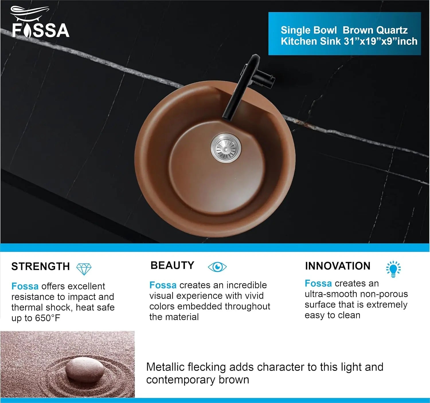 Fossa 18"x18"x08" Inch Round Bar Sink, Single Bowl Kitchen Sinks, Quartz German Engineered Technology Kitchen Sink Easy-to-Clean Sink for Outdoor Indoor Catering Restaurant Hospital (Brown) Fossa Home