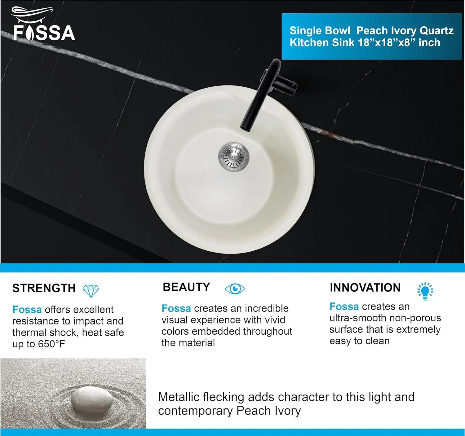 Fossa 18"x18"x08" Inch Round Bar Sink, Single Bowl Kitchen Sinks, Quartz German Engineered Technology Kitchen Sink Easy-to-Clean Sink for Outdoor Indoor Catering Restaurant Hospital (Peach Ivory) Fossa Home
