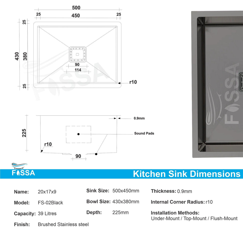 Fossa 20"X17"X09" Single Bowl Stainless Steel Handmade Kitchen Sink Black Matte Finish - Fossa Home 