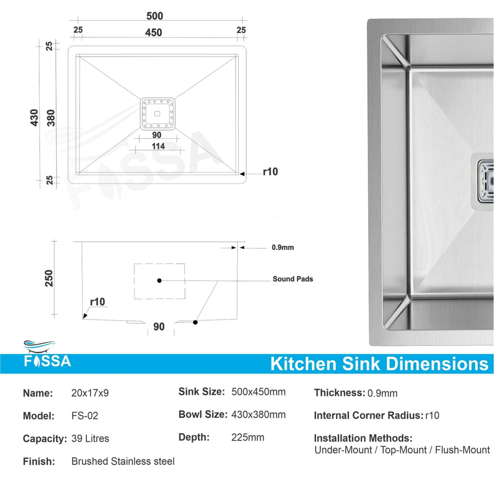 Fossa 20"X17"X09" Single Bowl Stainless Steel Handmade Kitchen Sink Matte Finish - Fossa Home 