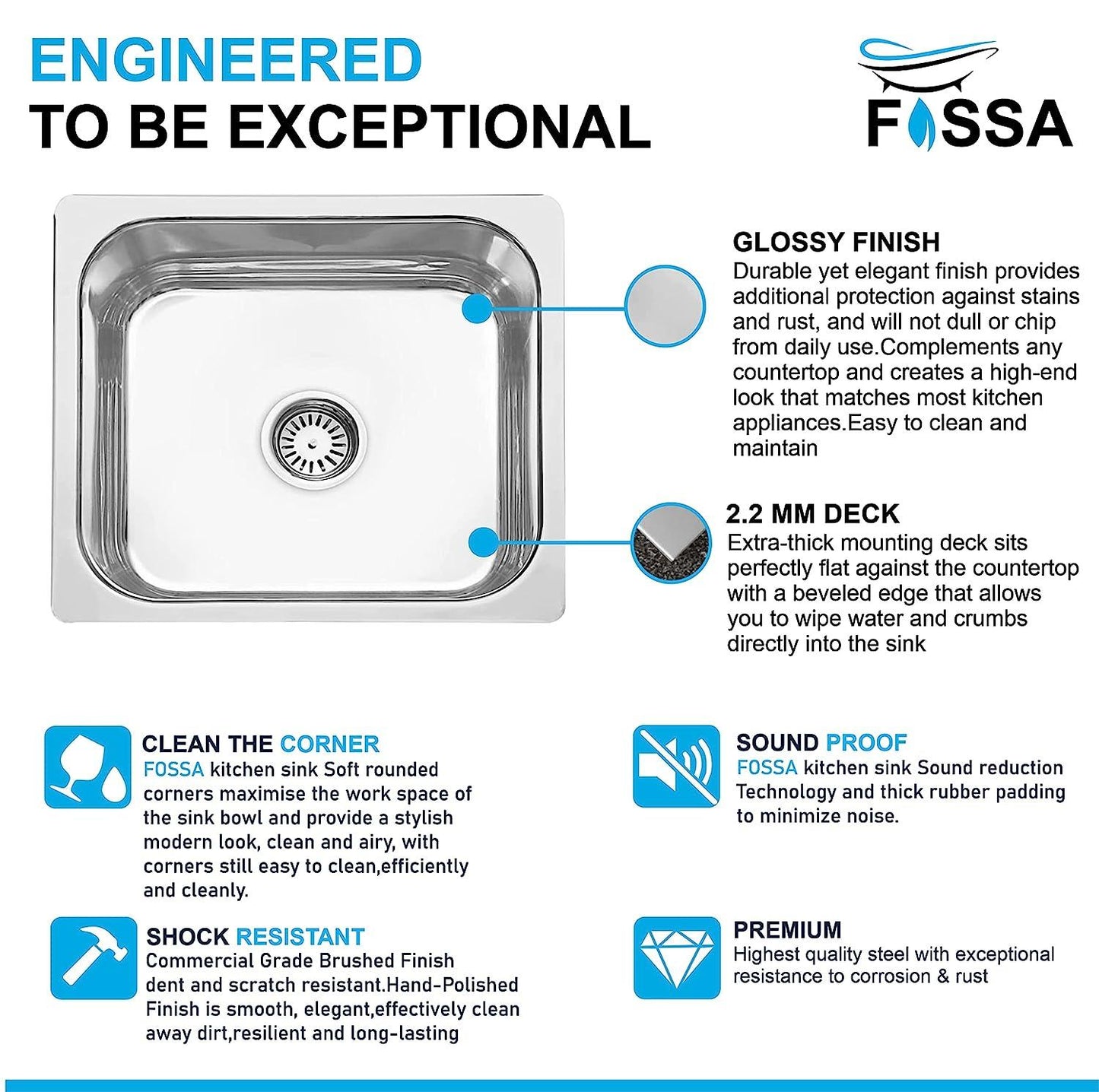 Fossa 20"X17"X09" Single Bowl Stainless Steel Kitchen Sink With SS Coupling Glossy Finish - Fossa Home 