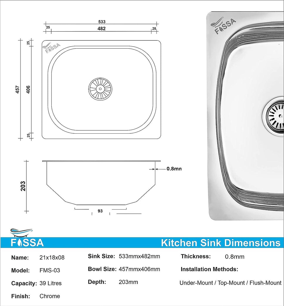 Fossa 21"X18"X09" Single Bowl Stainless Steel Kitchen Sink With SS Coupling Glossy Finish - Fossa Home 