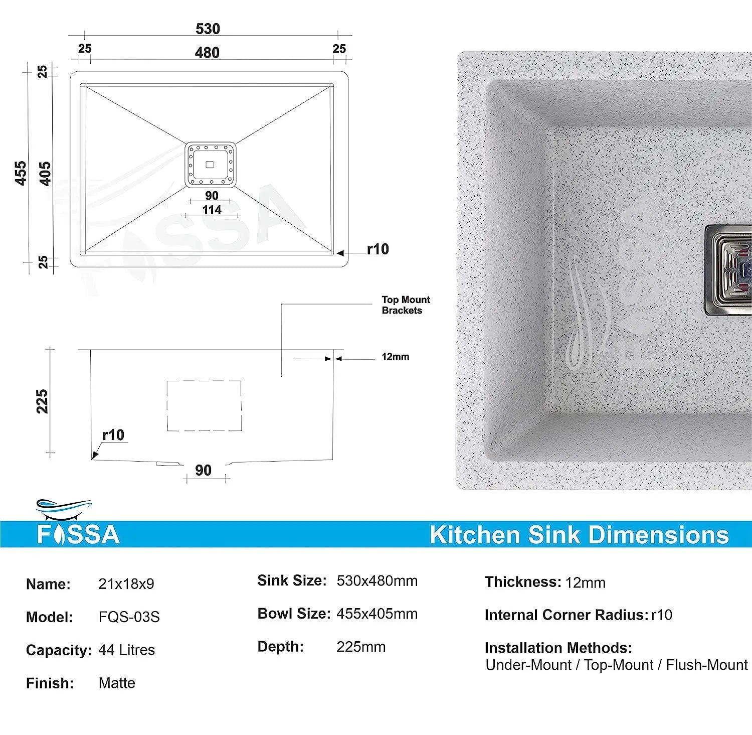 Fossa 21"x18"x09" inch Quartz Single Bowl Kitchen Sink Super Strong Matt Finish (Greystone) Fossa Home
