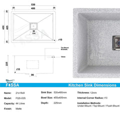 Fossa 21"x18"x09" inch Quartz Single Bowl Kitchen Sink Super Strong Matt Finish (Greystone) Fossa Home