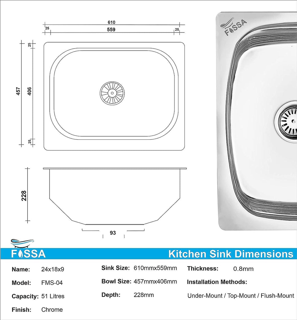 Fossa 24"X18"X09" Single Bowl Stainless Steel Kitchen Sink With SS Coupling Glossy Finish - Fossa Home 
