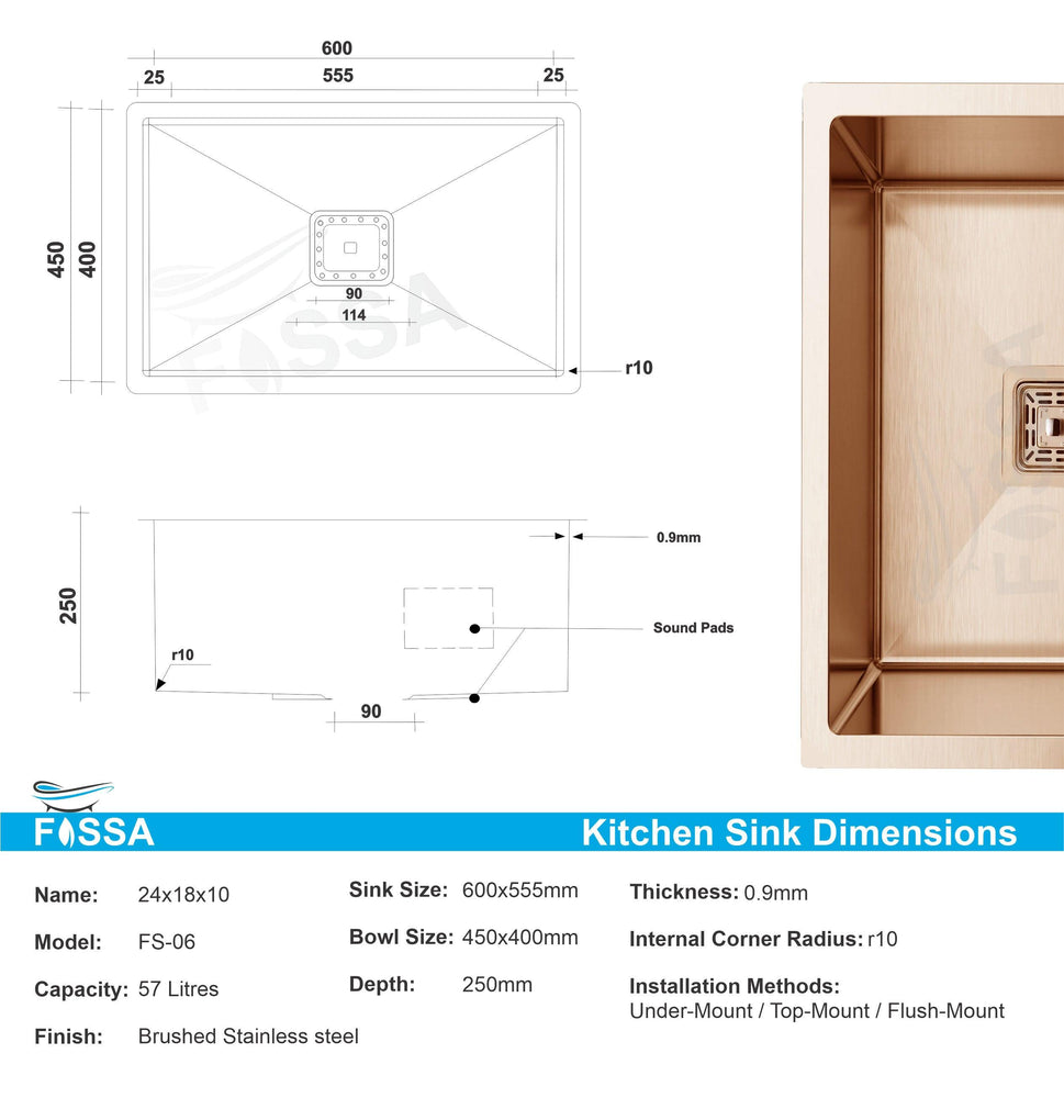 Fossa 24"X18"X10" Single Bowl Stainless Steel Handmade Kitchen Sink Rose Gold Matte Finish - Fossa Home 