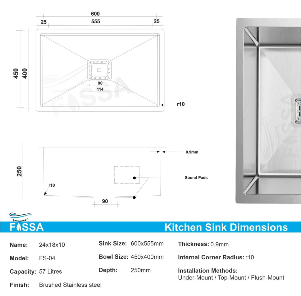 Fossa 24"X18"X10" Single Bowl Stainless Steel Handmade Kitchen Sink Matte Finish - Fossa Home 