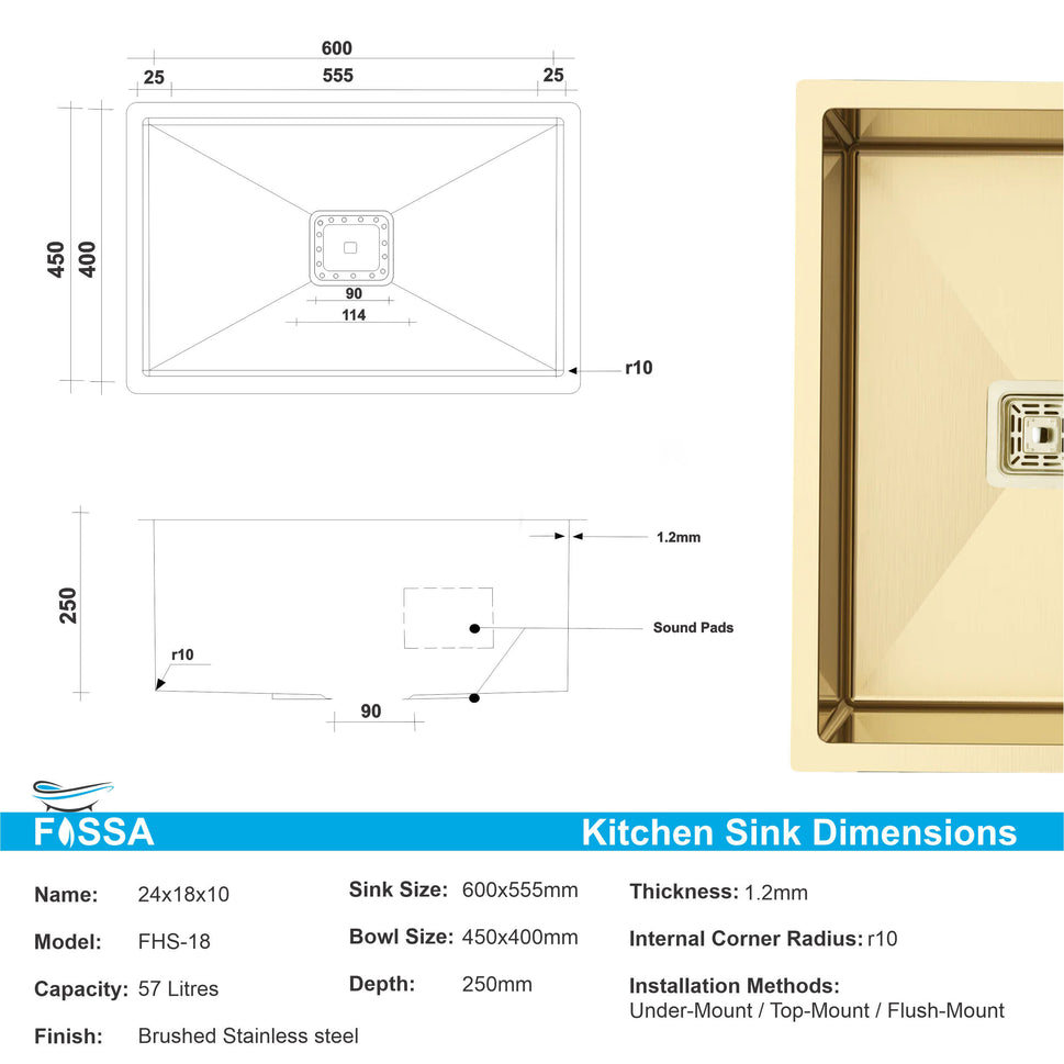 Fossa 24"X18"X10" Single Bowl SS-304 Grade Stainless Steel Handmade Kitchen Sink Gold Fossa Home