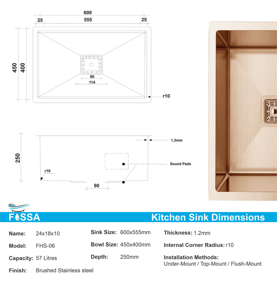 Fossa 24"X18"X10" Single Bowl SS-304 Grade Stainless Steel Handmade Kitchen Sink Rose Gold Fossa Home
