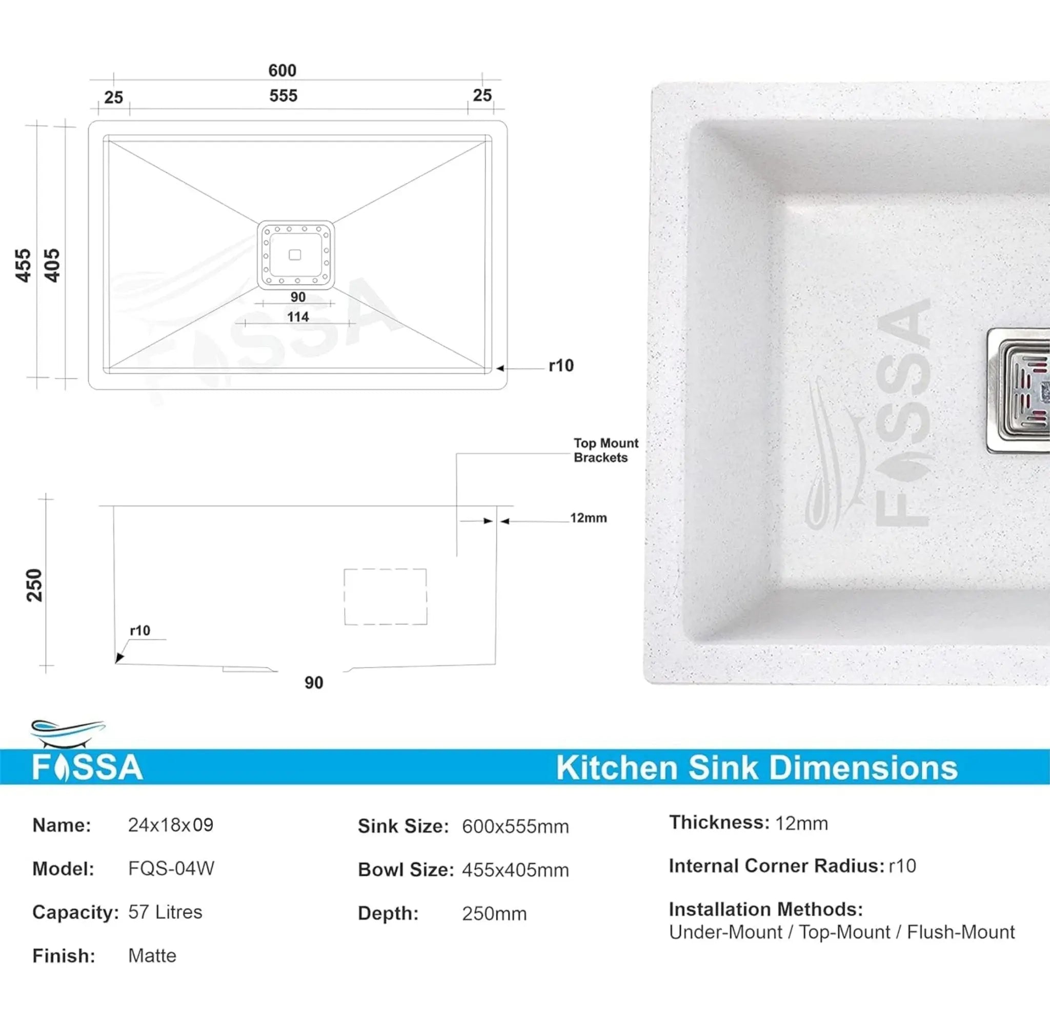 Fossa 24"x18"x09" inch Quartz Single Bowl Kitchen Sink Matt Finish ( Stone White ) Fossa Home
