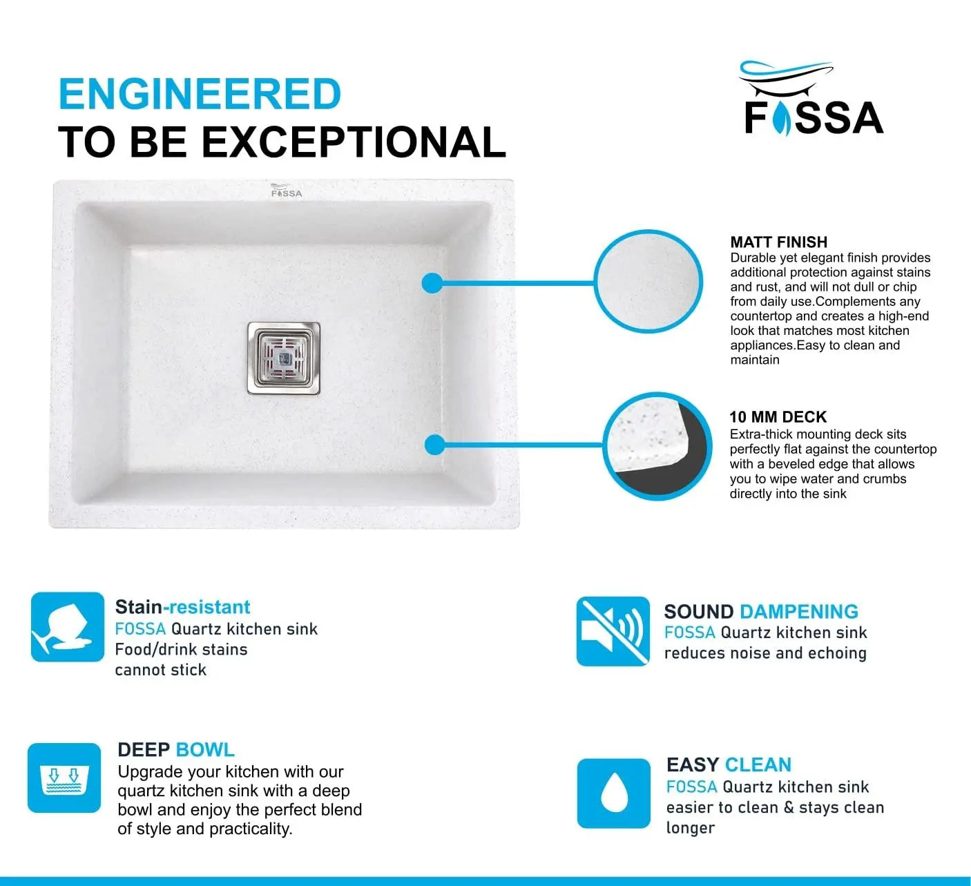 Fossa 24"x18"x09" inch Quartz Single Bowl Kitchen Sink Matt Finish ( Stone White ) Fossa Home